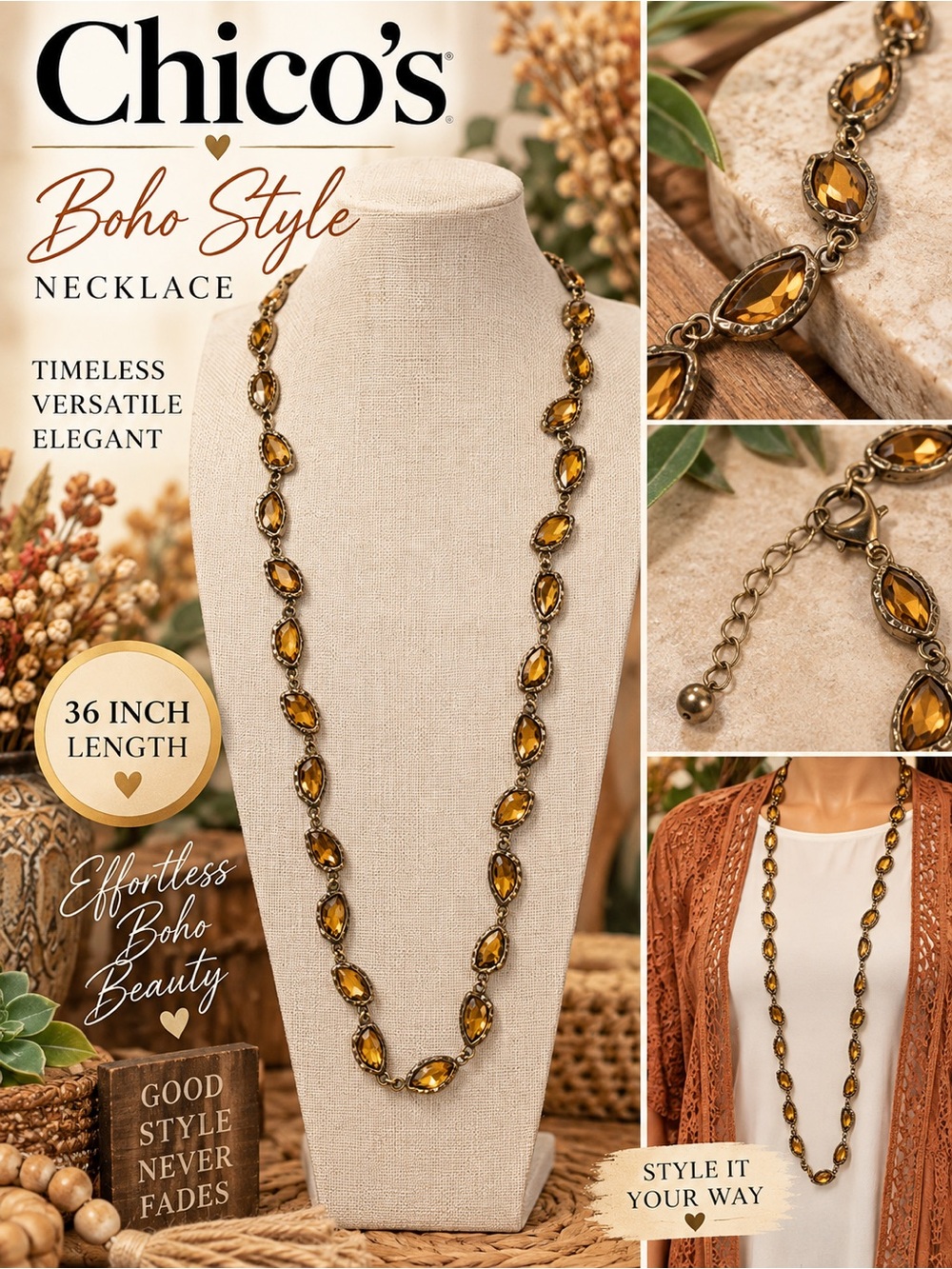 Chico's Golden Amber Beaded Boho Necklace